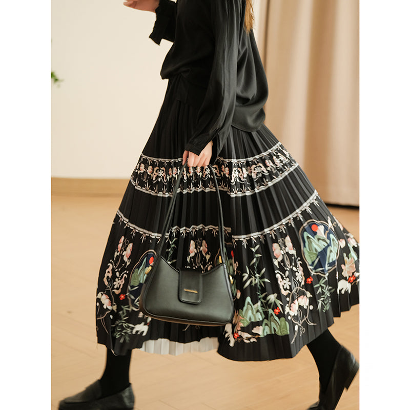 [XIAOER Series]★China style skirt★ 3color floral pattern skirt bottoms elastic waist, easy to match for commuting, dates