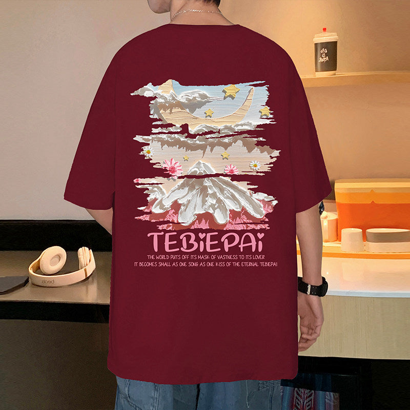 [TBP Series]★T-shirt★ 5color Tops Short Sleeve Unisex Men's Large Size Cotton Snowy Mountain Print