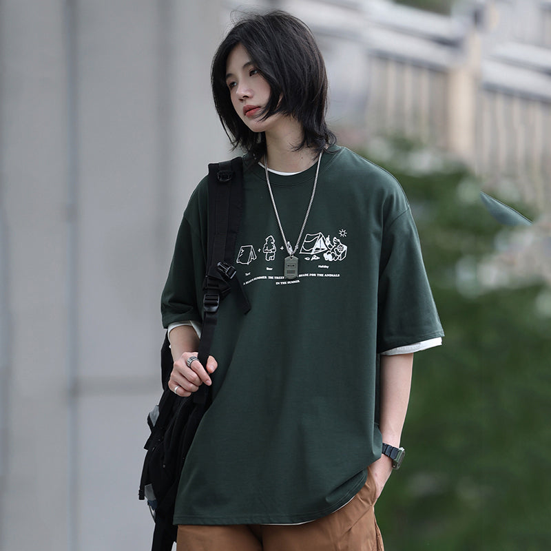 【NCLLWシリーズ】★Tシャツ★ 4color トップス 半袖 男女兼用 メンズ カートゥーン 青 白 緑 灰 合わせやすい