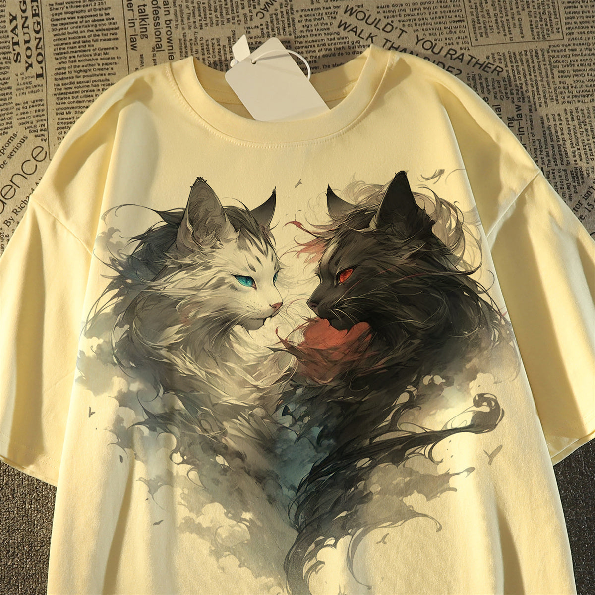 【DENGFUYUNシリーズ】★Tシャツ★ 3color トップス 半袖 男女兼用 メンズ コットン 猫 ネコ ねこ 黒 白 灰