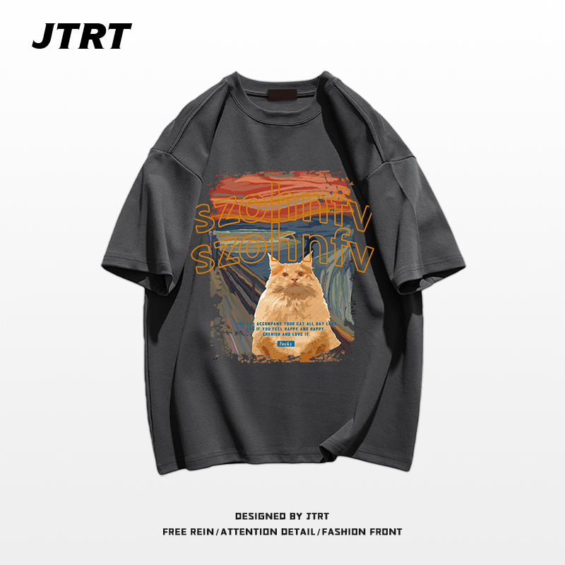 【JTRTシリーズ】★Tシャツ★ 9color トップス 半袖 男女兼用 メンズ 大きいサイズ コットン 油絵風 猫 ねこ ネコ 猫柄