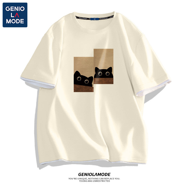 【GENIOLAMODEシリーズ】★Tシャツ★ 4color トップス 半袖 男女兼用 メンズ 大きいサイズ 猫 ねこ ネコ 猫柄 コットン