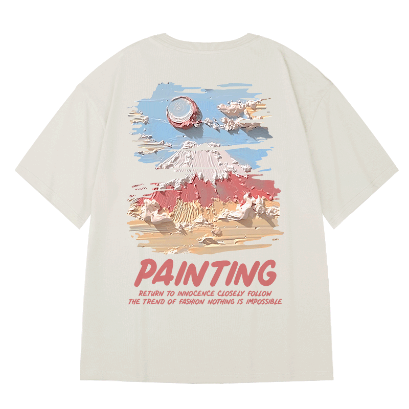 【MOYANシリーズ】★Tシャツ★ 綿100％ 厚て 3color トップス 油絵風 男女兼用 メンズ 大きいサイズ 黒 白 アプリコット