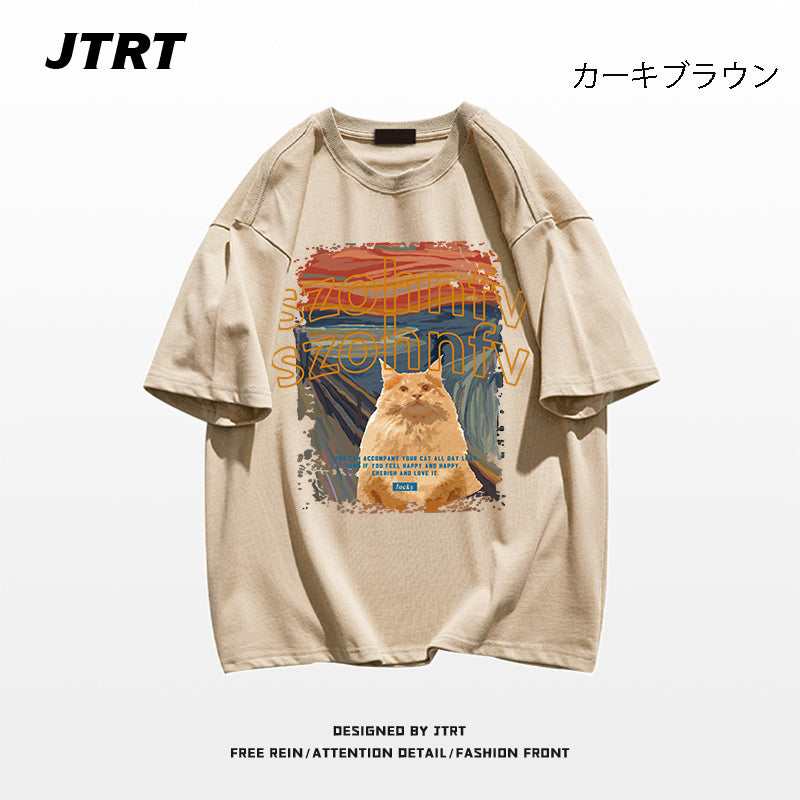 【JTRTシリーズ】★Tシャツ★ 9color トップス 半袖 男女兼用 メンズ 大きいサイズ コットン 油絵風 猫 ねこ ネコ 猫柄