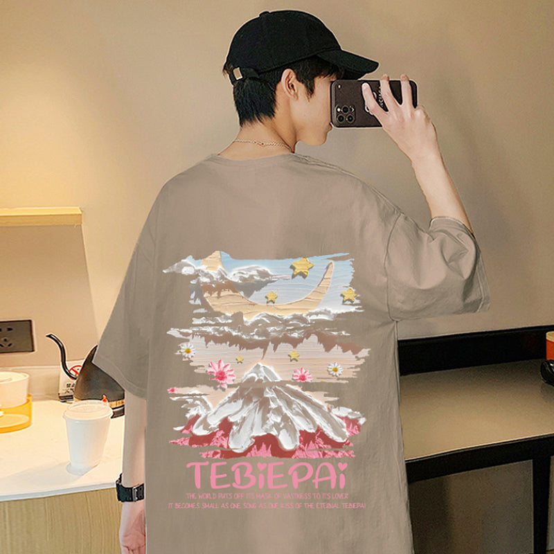 [TBP Series]★T-shirt★ 5color Tops Short Sleeve Unisex Men's Large Size Cotton Snowy Mountain Print