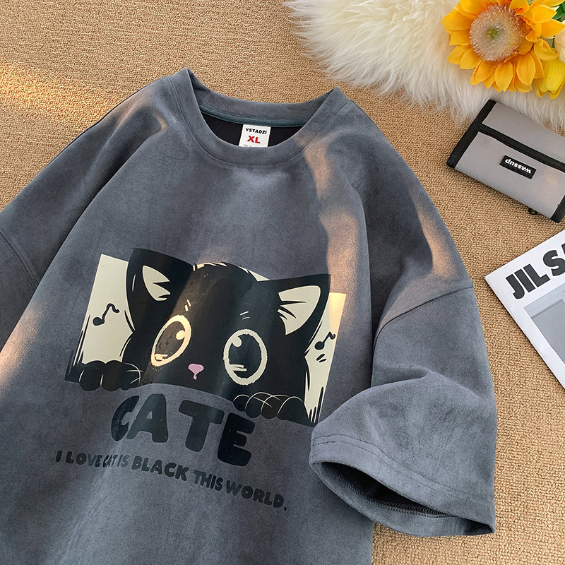 【PPGシリーズ】★Tシャツ★ 5color トップス 半袖 男女兼用 メンズ 大きいサイズ スエード 猫 ねこ ネコ 猫柄