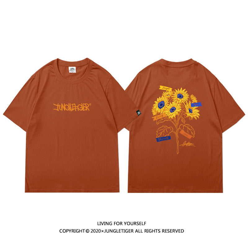 【JUNGLETIGERシリーズ】★Tシャツ★ 5color トップス 半袖 男女兼用 メンズ ひまわり 向日葵 コットン 黒 白 灰 青