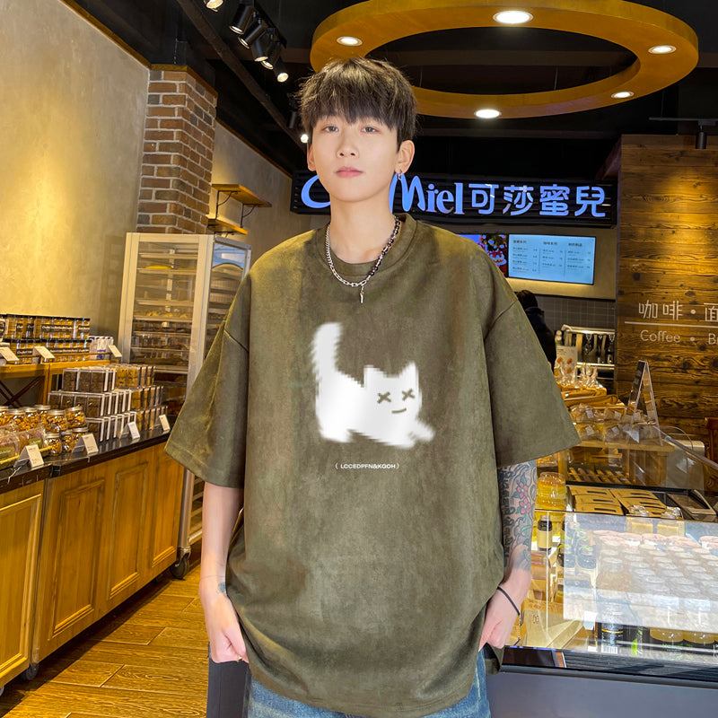 【NANSHIシリーズ】★Tシャツ★ 5color トップス 半袖 男女兼用 メンズ 大きいサイズ スエード 猫 猫柄 ねこ ネコ