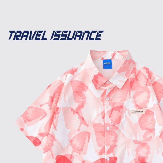 【TRAVEL ISSUANCEシリーズ】★シャツ★ 2color 半袖シャツ プリント トップス 男女兼用 メンズ S M L XL 蝶々 ブルー ピンク