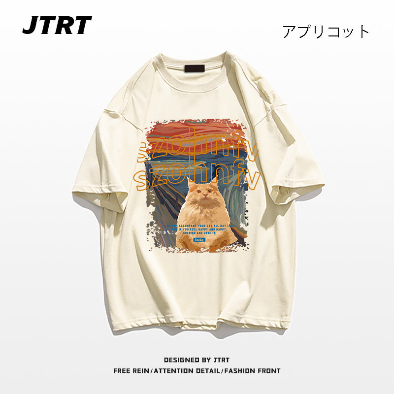 【JTRTシリーズ】★Tシャツ★ 9color トップス 半袖 男女兼用 メンズ 大きいサイズ コットン 油絵風 猫 ねこ ネコ 猫柄