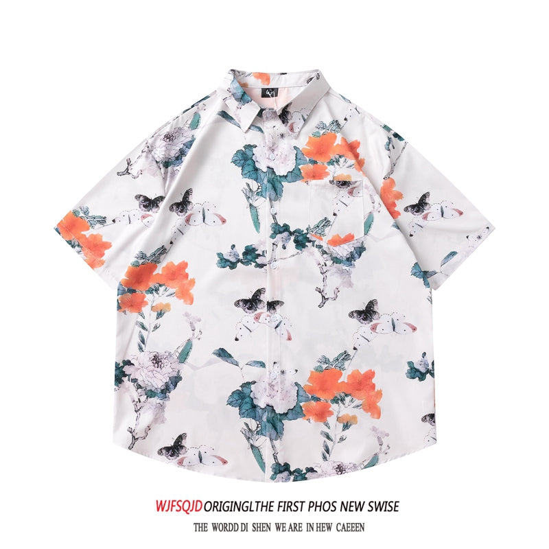 Very popular item [BEAT BOY series]★China style shirt★ Letter pattern Kanji short sleeve shirt Floral pattern shirt Print tops Unisex Men's ML XL 2XL