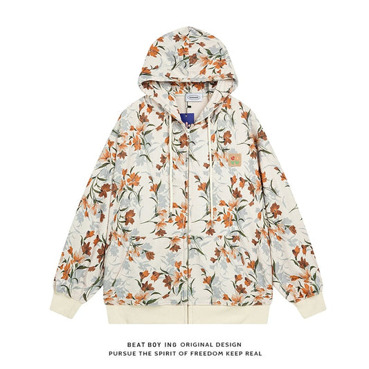 [BEAT BOY Series]★Outerwear★ Parka with zipper, unisex, men's and women's printed jacket, hooded, floral pattern