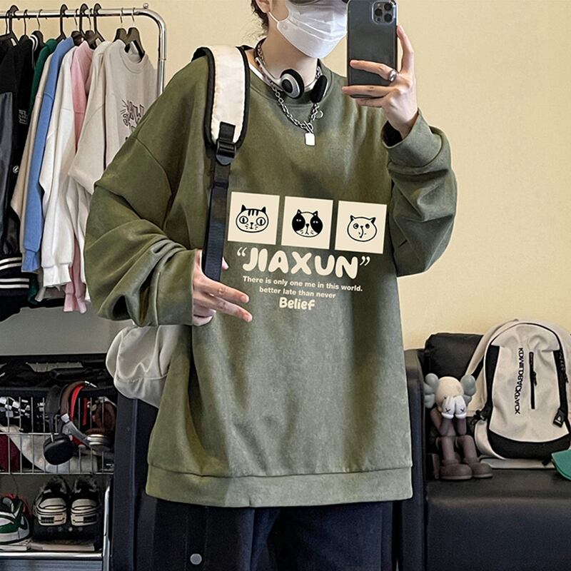 [Takashi Series] ★Tops★ 6color Unisex Men's Suede Cat Cat Pattern Cat Black Green Gray Cartoon