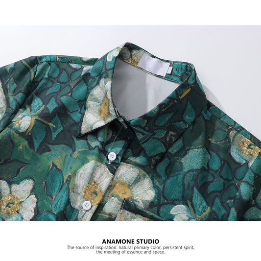 [ANAMONE STUDIO Series] Shirt Tops Women's SML Short Length Floral Green Oil Painting Style