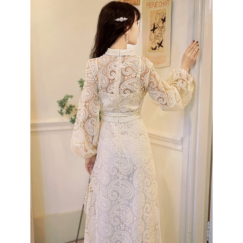 [GYBN Series] ★One Piece★ Lace V-neck Improves Temperament Retro Apricot Long Length Party