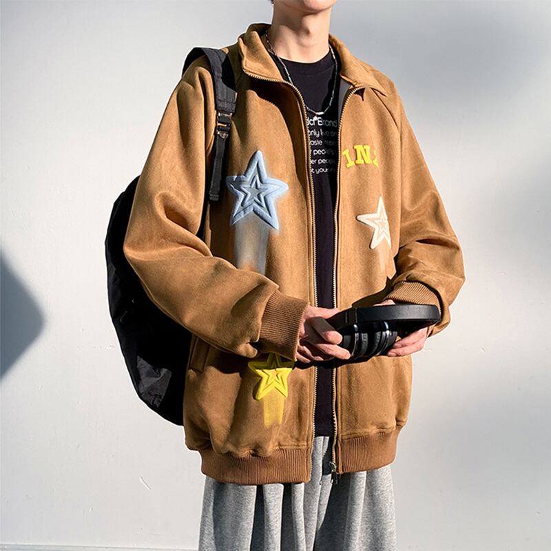 [ZUNKUN series]★Jacket★ 3color outerwear unisex men's suede star pattern brown black green