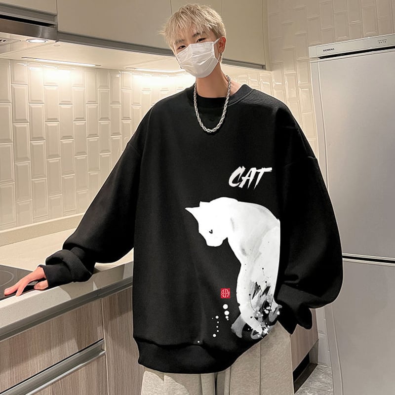 [WUSHE Series] ★Tops★ 4color long sleeve tops sweatshirt unisex men's large size cat cat cat black white gray blue