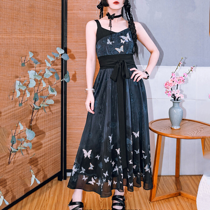 [Kogakusha---Butterfly Gin Series] ★Chinese-style dress★ Hanging dress, butterfly, Chinese clothing, long length, unique, black