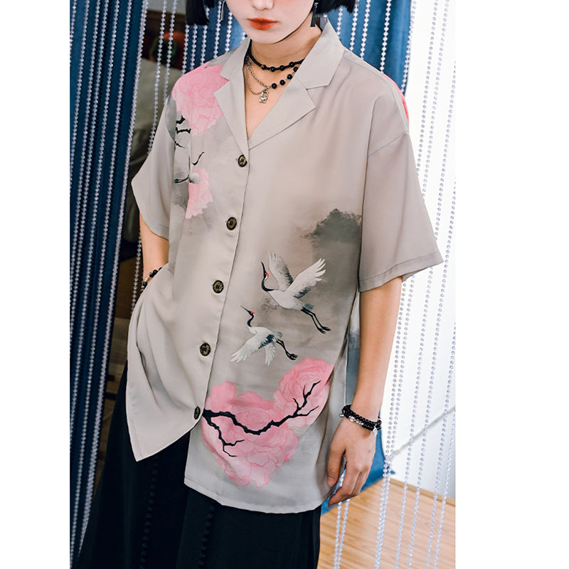 [Kogaesha---Crane Series] ★Chinese-style top★ Short-sleeved shirt, unique, original crane print