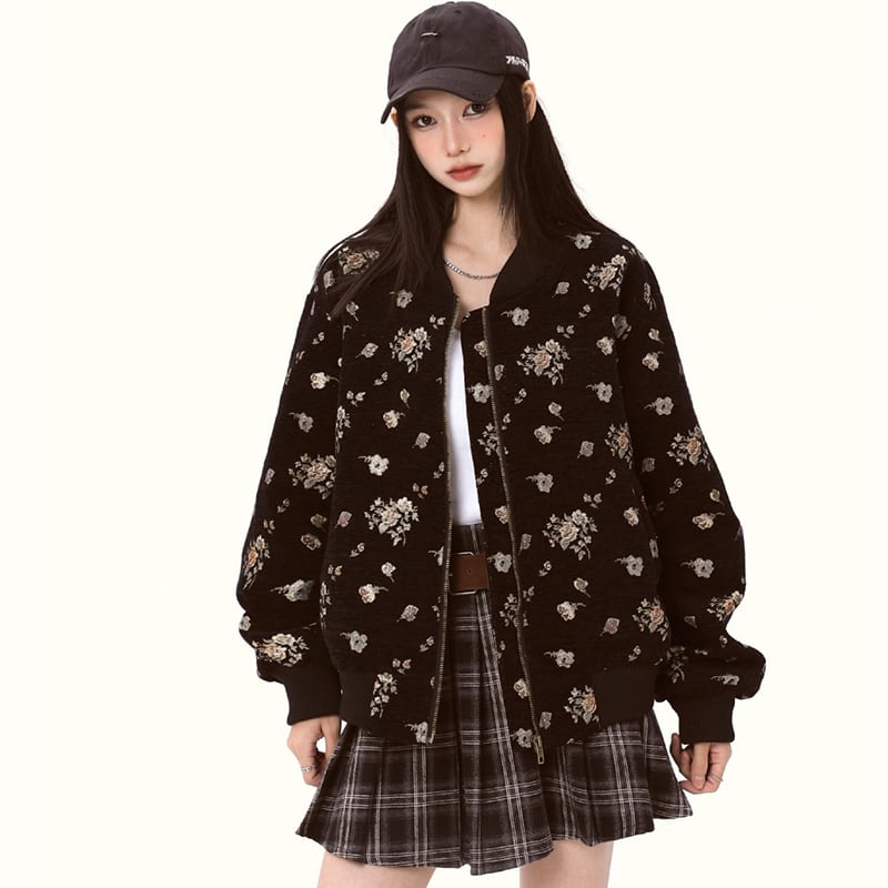 [Fleeing Earth Series]★Jacket★ 2color Outerwear Black Apricot Floral Pattern Ladies Cute