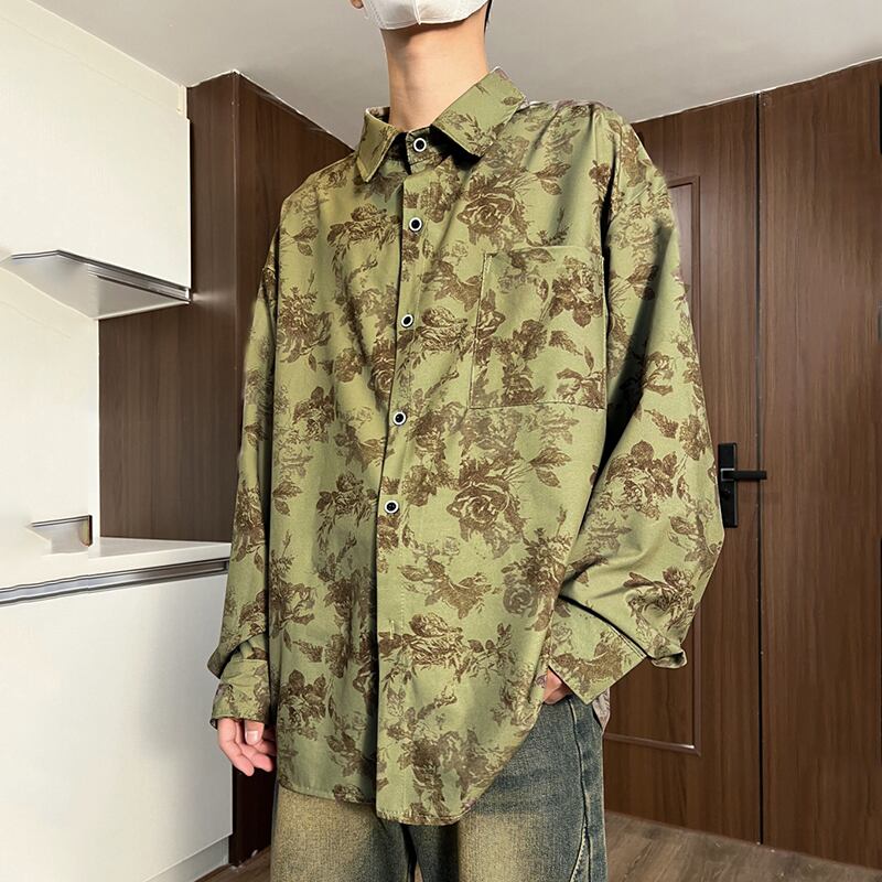 [HUICHUN Series]★Shirt★ 2color Tops Unisex Men's Retro Floral Shirt Long Sleeve Shirt Green Brown