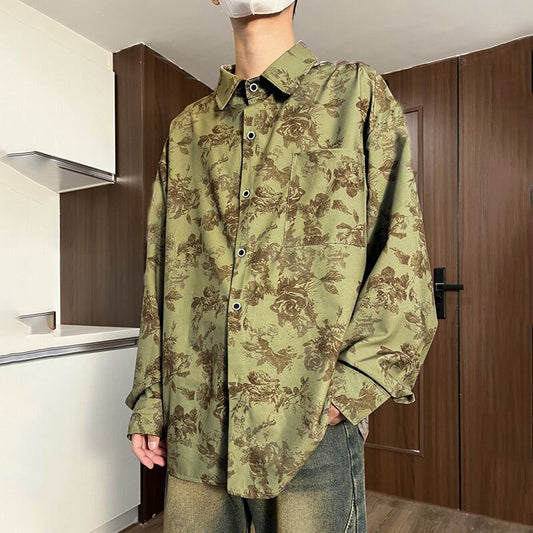 [HUICHUN Series]★Shirt★ 2color Tops Unisex Men's Retro Floral Shirt Long Sleeve Shirt Green Brown