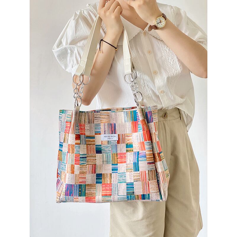 [JaneBeauty Series]★Bag★ Shoulder Large Capacity Graffiti Print Commuting Office Lady Date School Plaid Pattern Graffiti Color