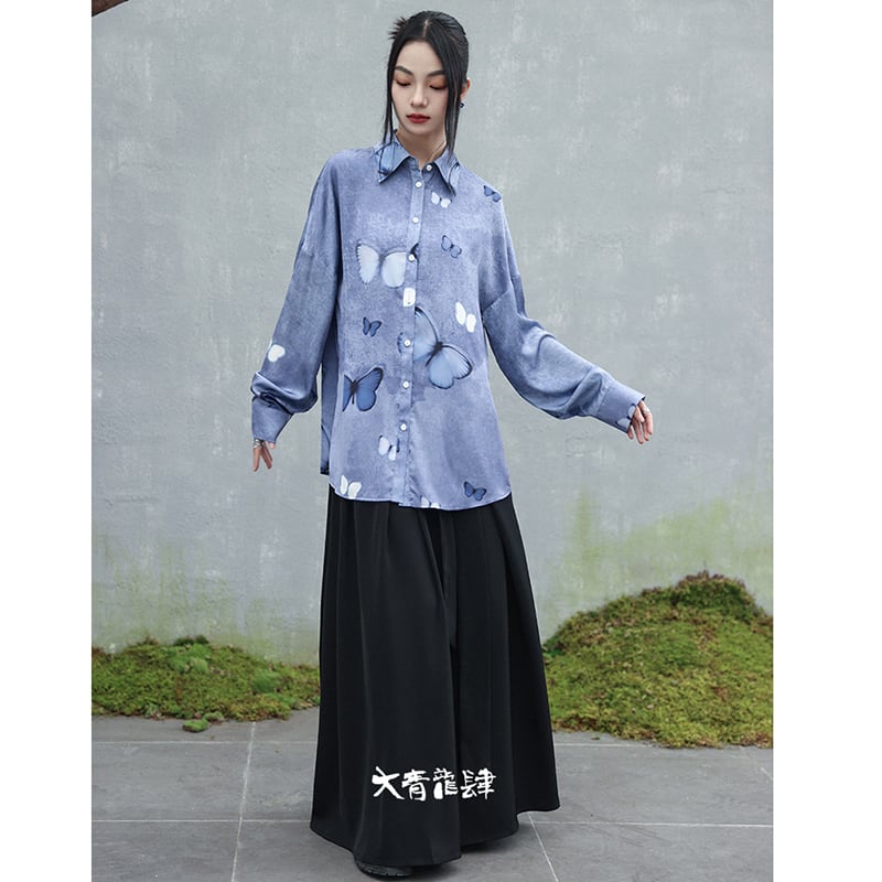 [Big Blue Dragon Series] ★China style tops★ Shirt, long sleeve shirt, butterfly satin blue, blue, cute, unique