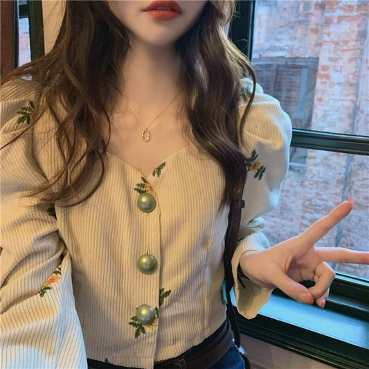 [Left Sister Series]★Shirt★ 2color Embroidery Long Sleeve Shirt Tops Floral Pattern Corduroy Ladies Short Length