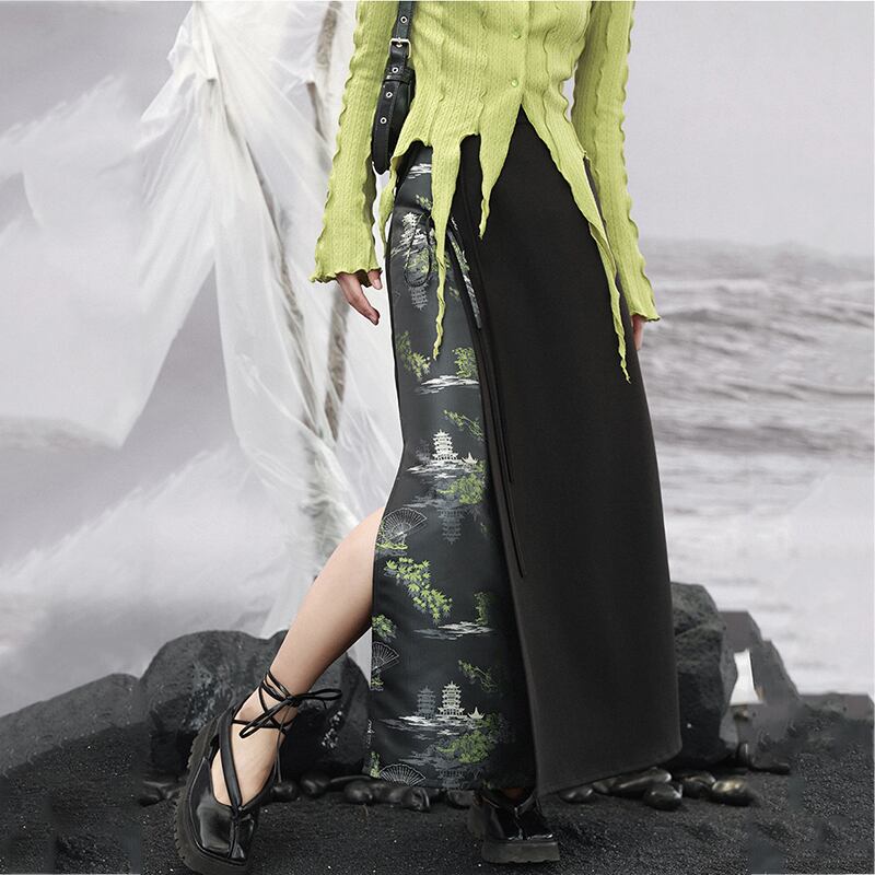 ✿New item! [Da Qinglong Shu Series] ★Chinese style skirt★ Bottoms switching black black Hanfu skirt retro