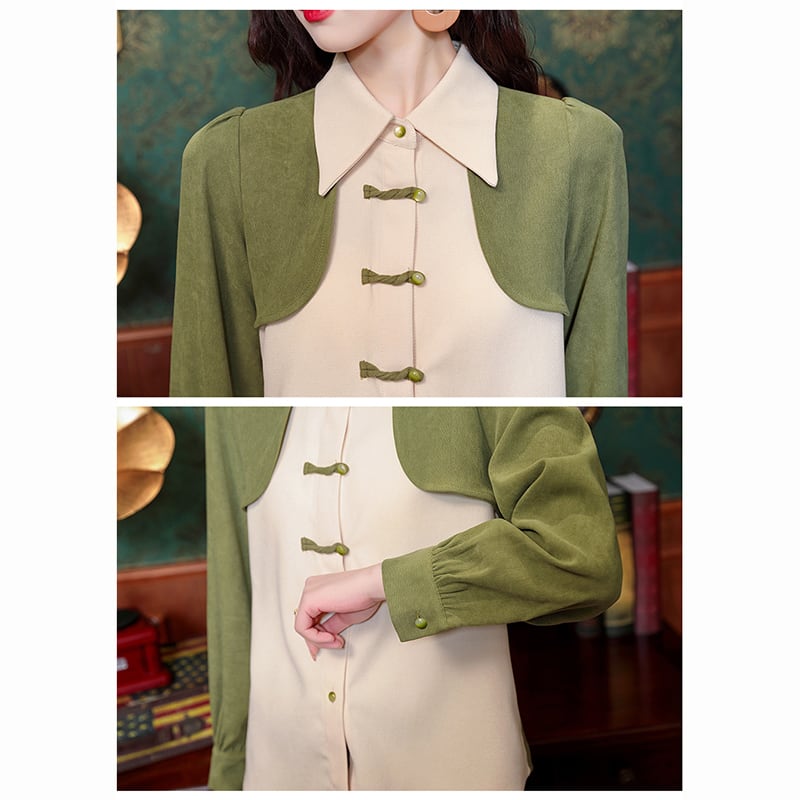 [HQE Series]★China style tops★ Shirt color scheme switching fake layered Chinese button green green