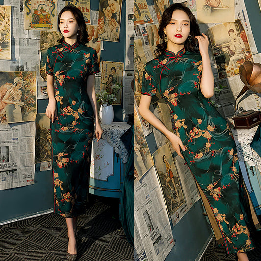 [HONGSHE Series] ★Chinese Dress★ Chinese-style dress, floral pattern, party, retro, wedding, green