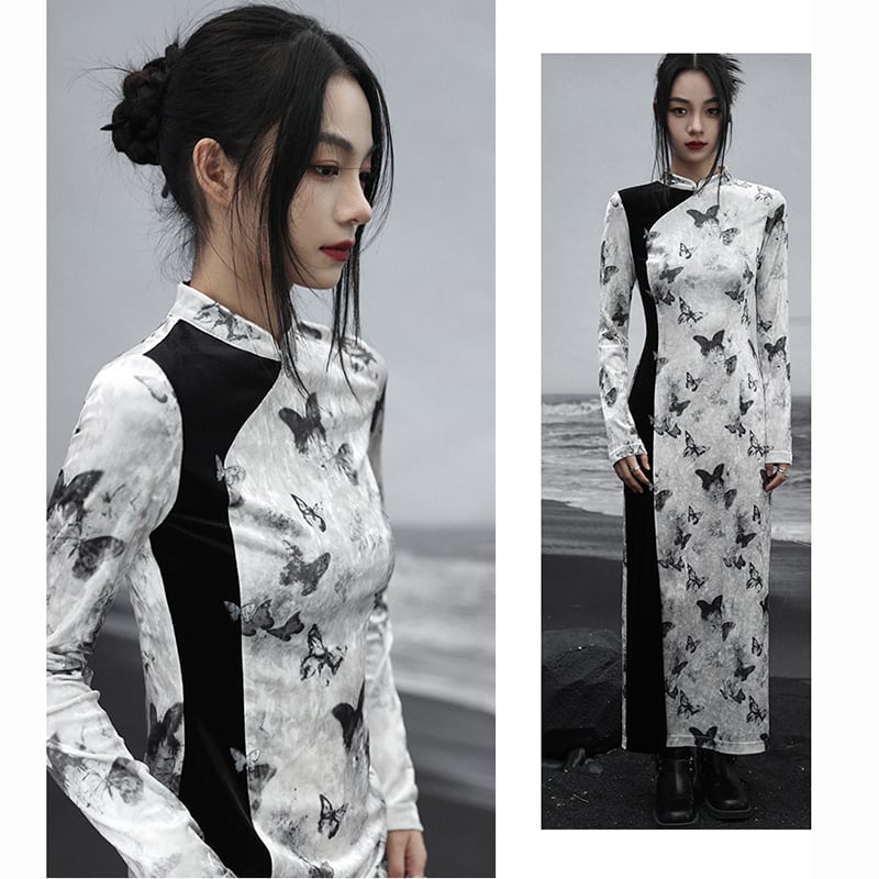 ✿New item! [Da Qinglong Shu Series] ★China style dress★ Cheongsam dress velvet butterfly long length color scheme slimming