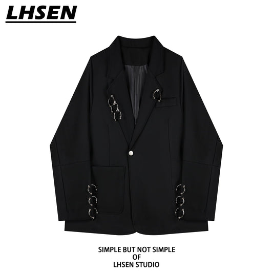 [LHSEN Series] ★Outer★ Jacket Blazer Designed Casual Black Black