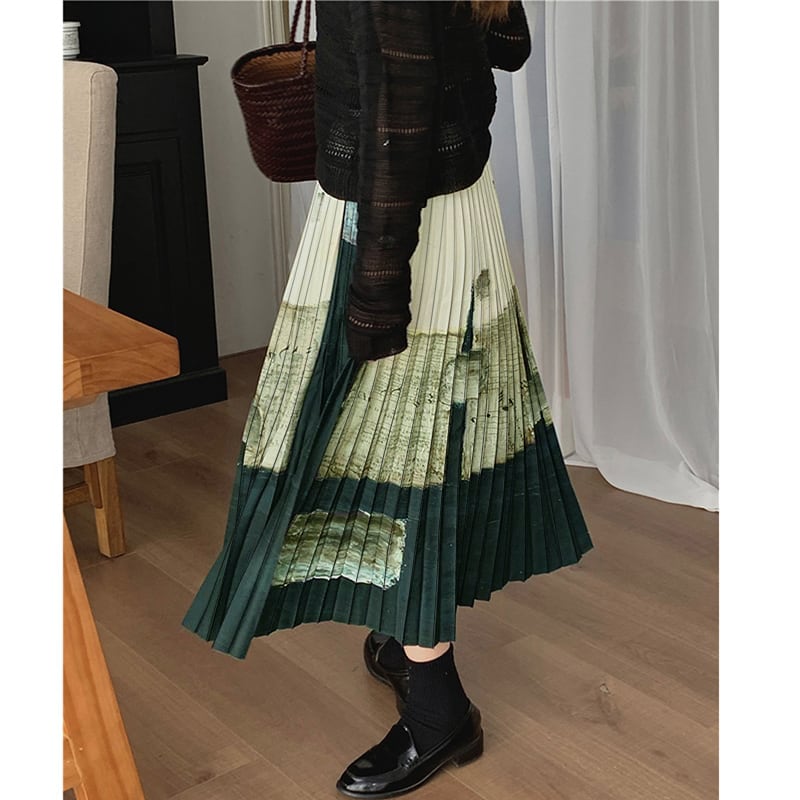 [XIAOYOUGU series] ★China style skirt★ Oil painting style pleated skirt Retro cute Easy to match for commuting, dating, etc.