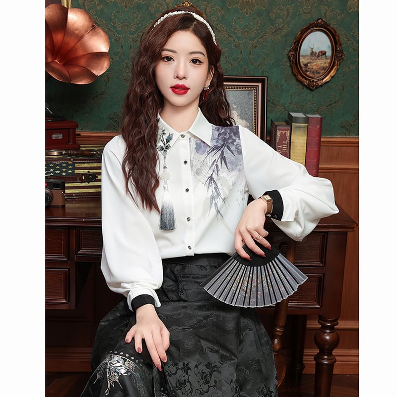 [Misslin Fashion Series]★China style top★ Shirt, long sleeve shirt, ink pattern, ladies, improves temperament, cute