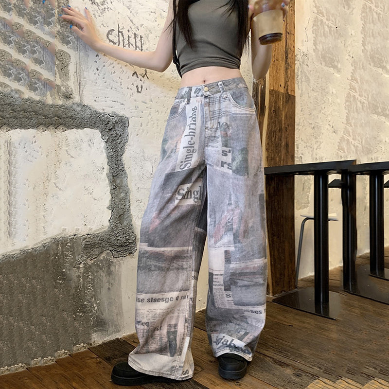 [OURI Series] ★Denim pants★ Trousers Bottoms Casual Ladies Retro Print Improve your style