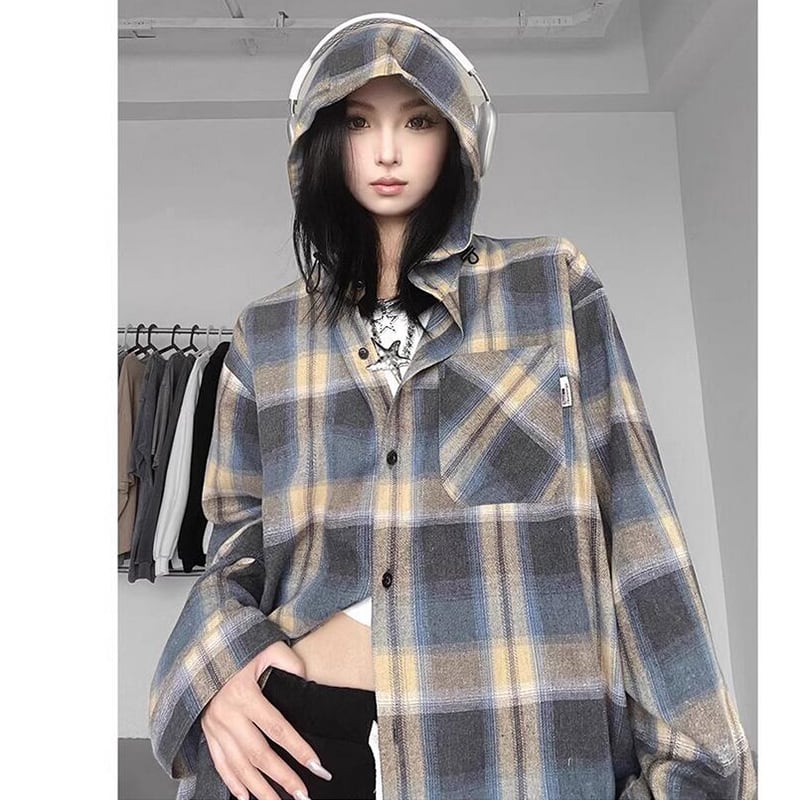 [CHAOMEICHEN Series] ★Outer★ 2color Shirt Outer Hood Plaid Pattern Unisex Men's Brown Blue