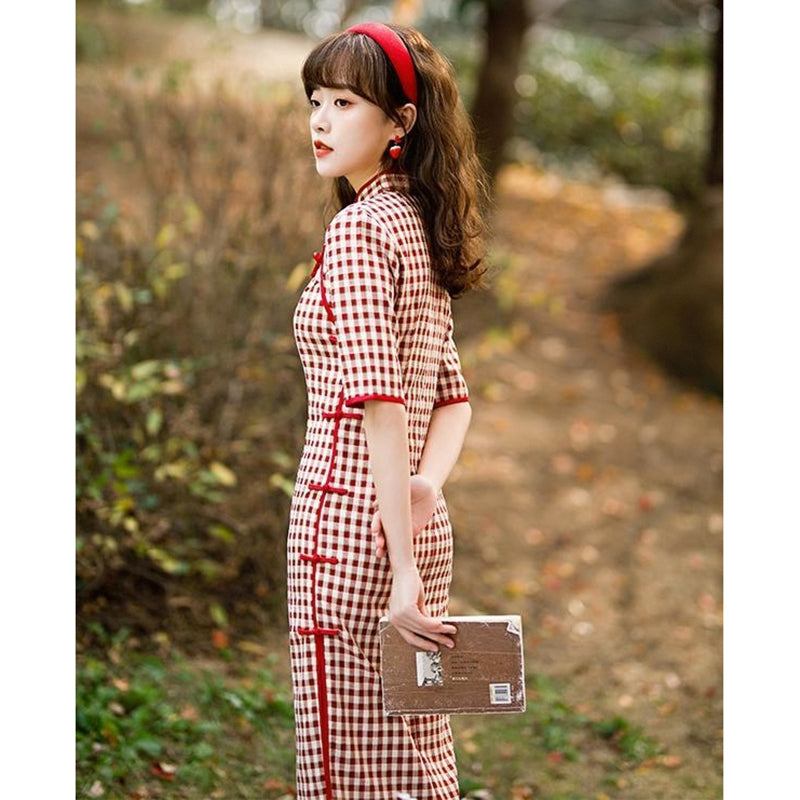 [JIUSI Series] Chinese dress, Chinese-style dress, checkered pattern, slimming, red, for dates and weddings