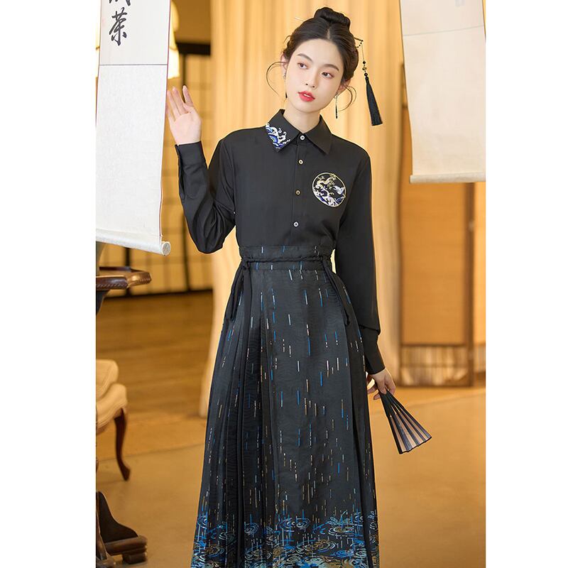 [BAIRIMENG Series] ★Chinese style skirt★ Bottoms Pleated skirt Hanfu skirt Chinese clothing Black Black