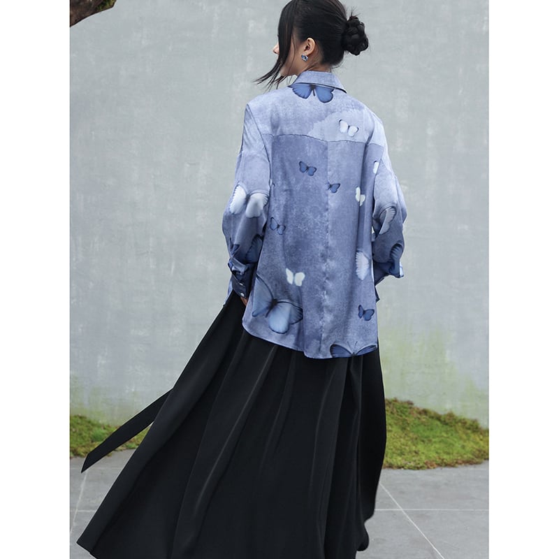 [Big Blue Dragon Series] ★China style tops★ Shirt, long sleeve shirt, butterfly satin blue, blue, cute, unique