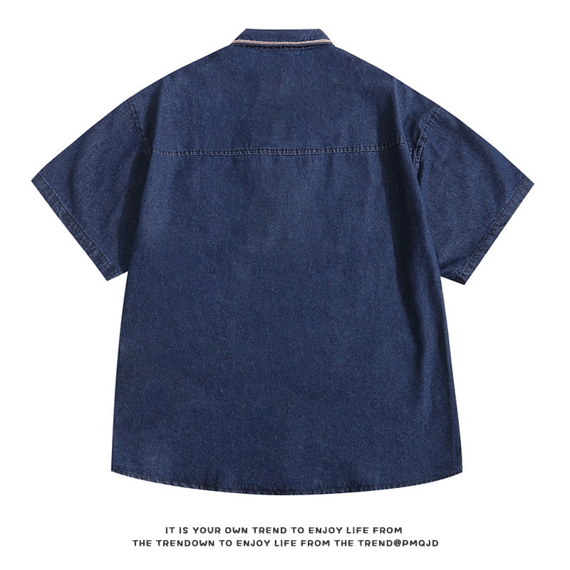 [FANMAN Series] ★Shirt★ Denim shirt, top, short sleeve, embroidery, unisex, men's, women's, blue