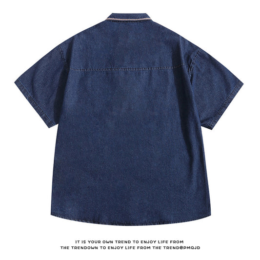 [FANMAN Series] ★Shirt★ Denim shirt, top, short sleeve, embroidery, unisex, men's, women's, blue