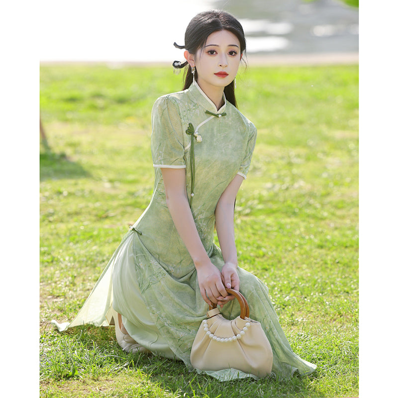 [HLQ Series] ★Chinese Dress★ Chinese-style one-piece dress, Ao Dai, cute, green, coming-of-age ceremony, date, birthday