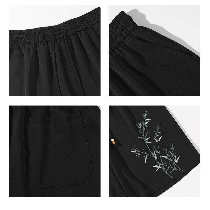 [BIGEMAN Series] ★Chinese-style pants★ 2 colors Embroidered bamboo shorts Bottoms Short pants Unisex Men's Black White