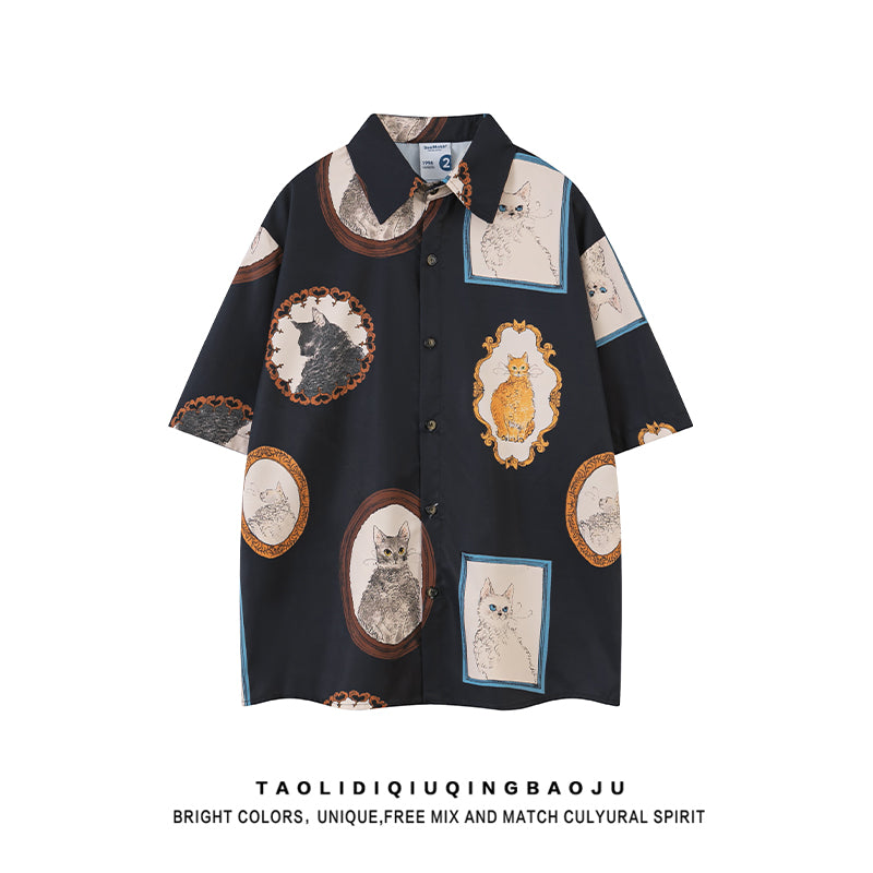 [TRAVEL ISSUANCE series] ★Shirt★ 2 colors Tops Short sleeve Cat Cat Cat pattern Unisex Men's Women's Black Blue