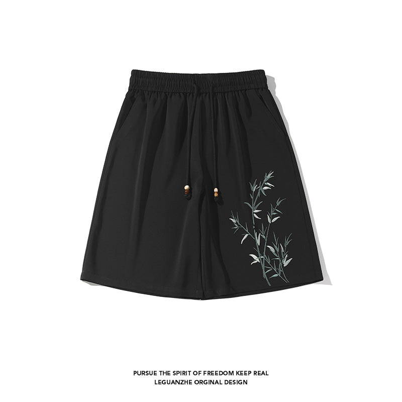 [BIGEMAN Series] ★Chinese-style pants★ 2 colors Embroidered bamboo shorts Bottoms Short pants Unisex Men's Black White