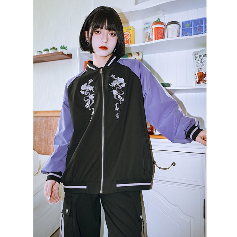 ✿New item! [Old Monster---Tatsuryu Series] ★China style outerwear★ Embroidery stadium jacket Color scheme Black Purple