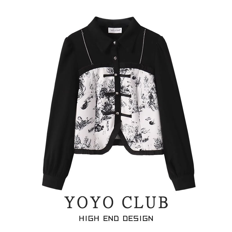 [YOYO CLUB Series] ★China style tops★ China style shirt ink pattern switching black black