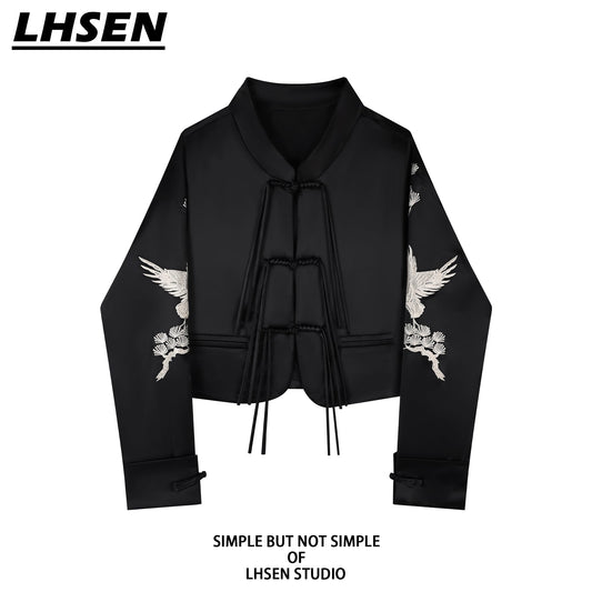 [LHSEN Series] ★China style outerwear★ Embroidered Chinese button design Black Black